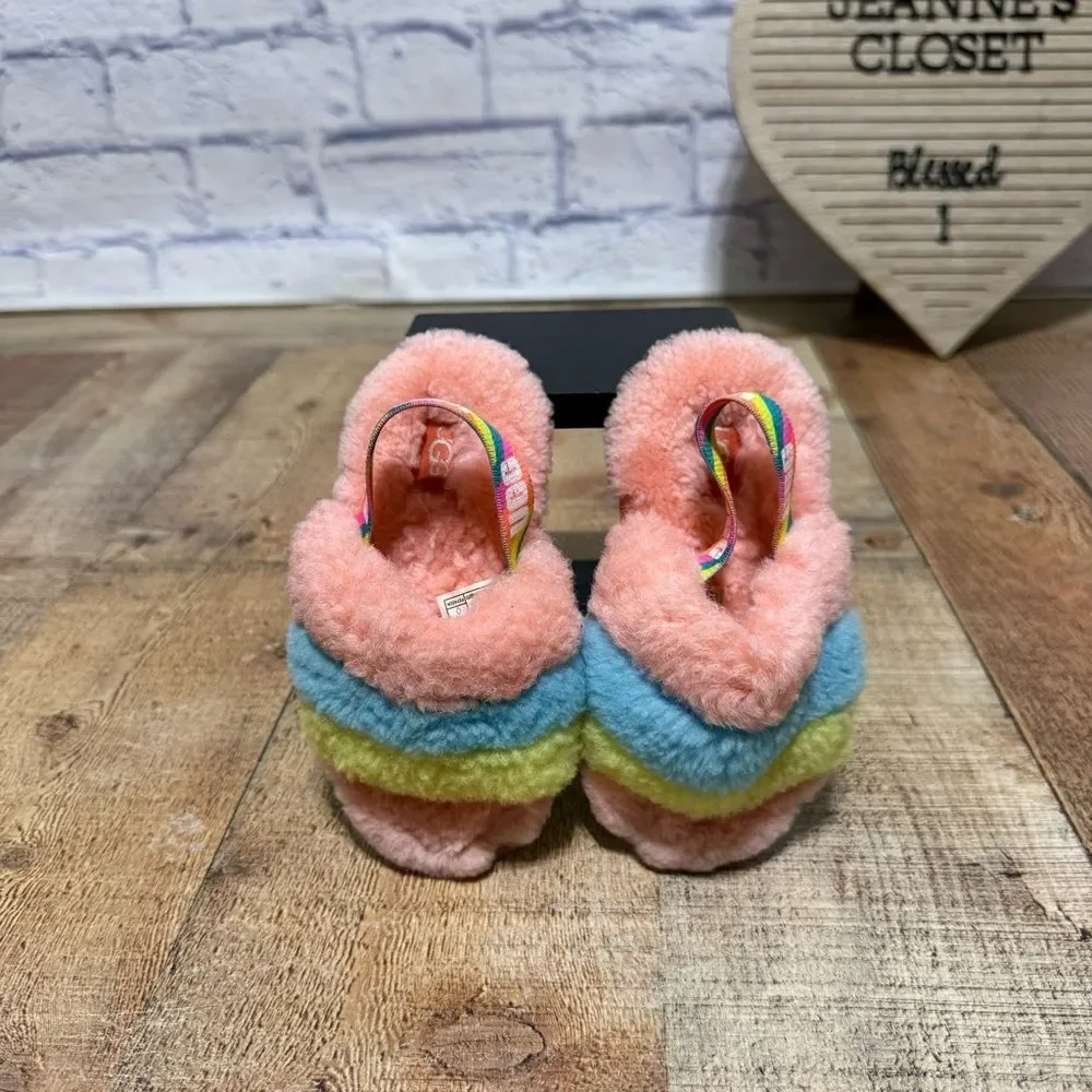 UGG FLUFF YEAH SLIDE LITTLE KID SIZE 8 PEACH BLISS MULTI SLINGBACK WOOL SANDAL